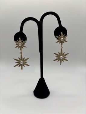 Gold Starburst Drop Earrings with Pearl Center - Women Jewelry